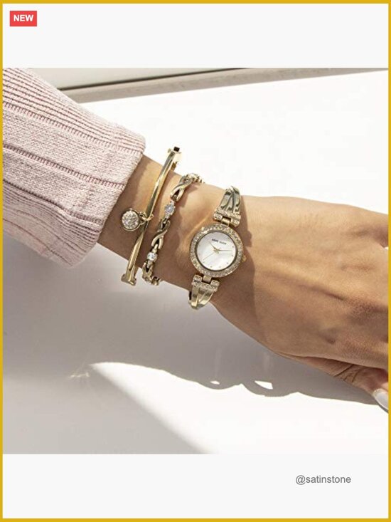 Gold-Tone Bangle Watch Set with Crystal Accents and Mother-of-Pearl Dial main image 5